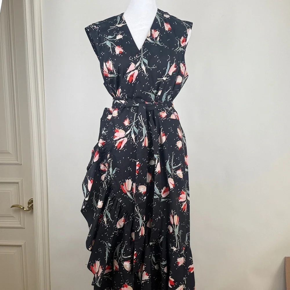 Rebecca Taylor Ikat Tulip Wrap Dress Tie Waist Black Floral Poplin Ruffles Sz 12
